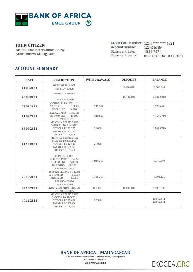 Relevé bancaire de Madagascar Bank of Africa template
